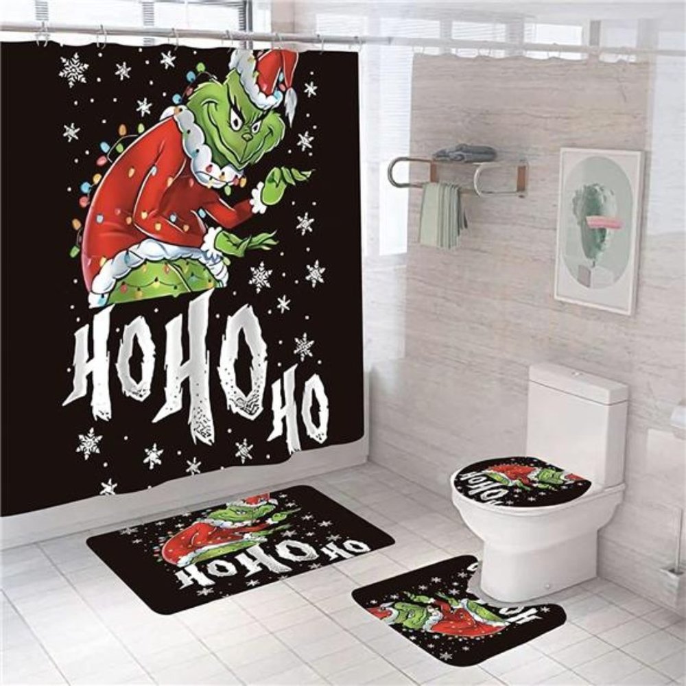 4 Pcs The Grinch Christmas Shower Curtain Set, Toilet Cover and Bath Mat 72x72